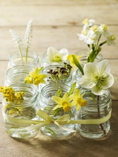 Mason jars filled with spring flowers